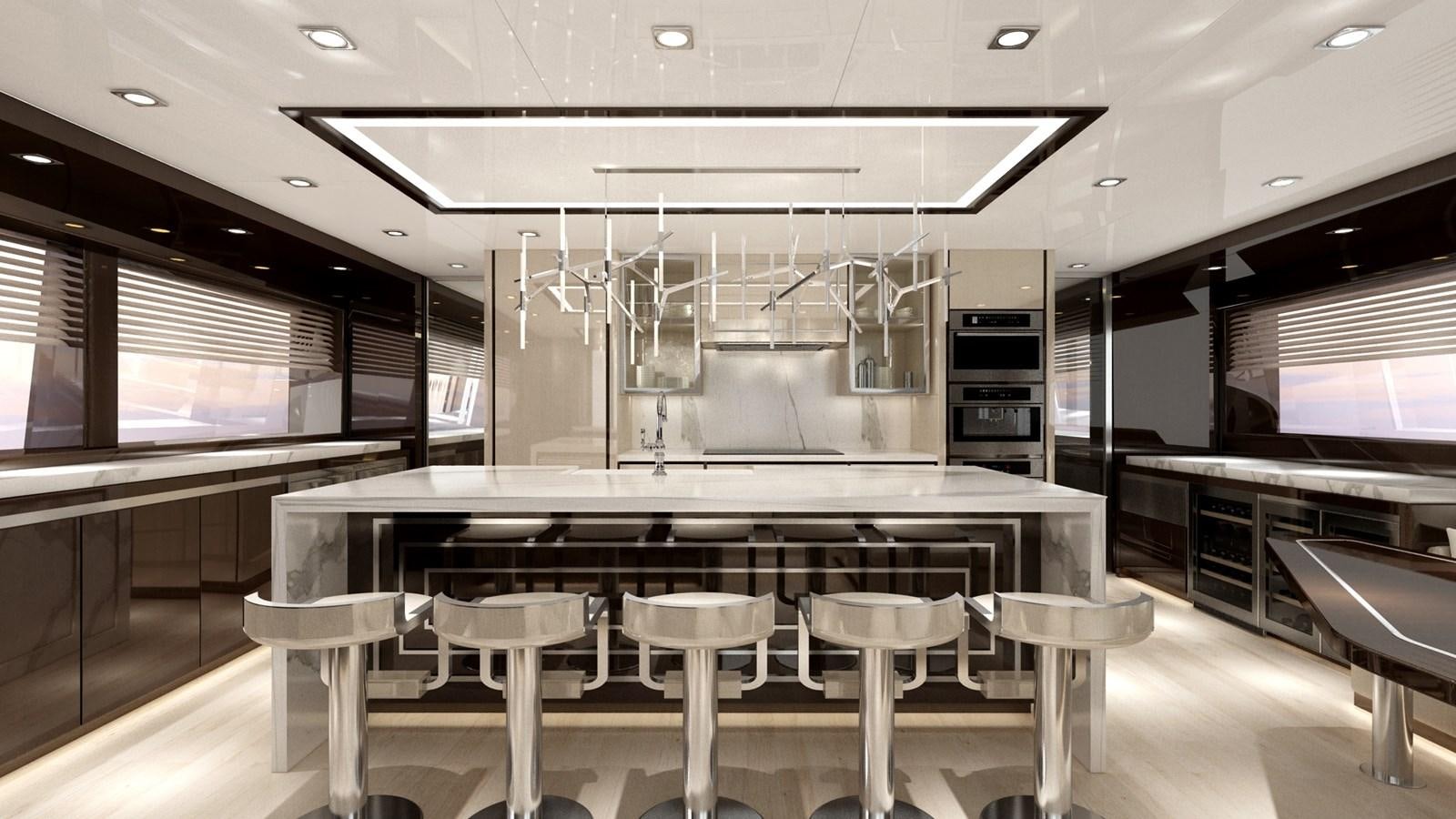 a large kitchen with a bar and stools aboard BERING B117 Yacht for Sale