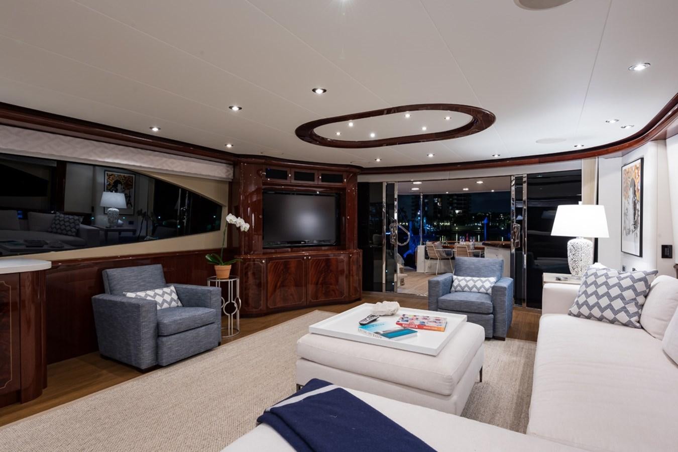 a living room with a large screen aboard MONEY FOR NOTHING Yacht for Sale