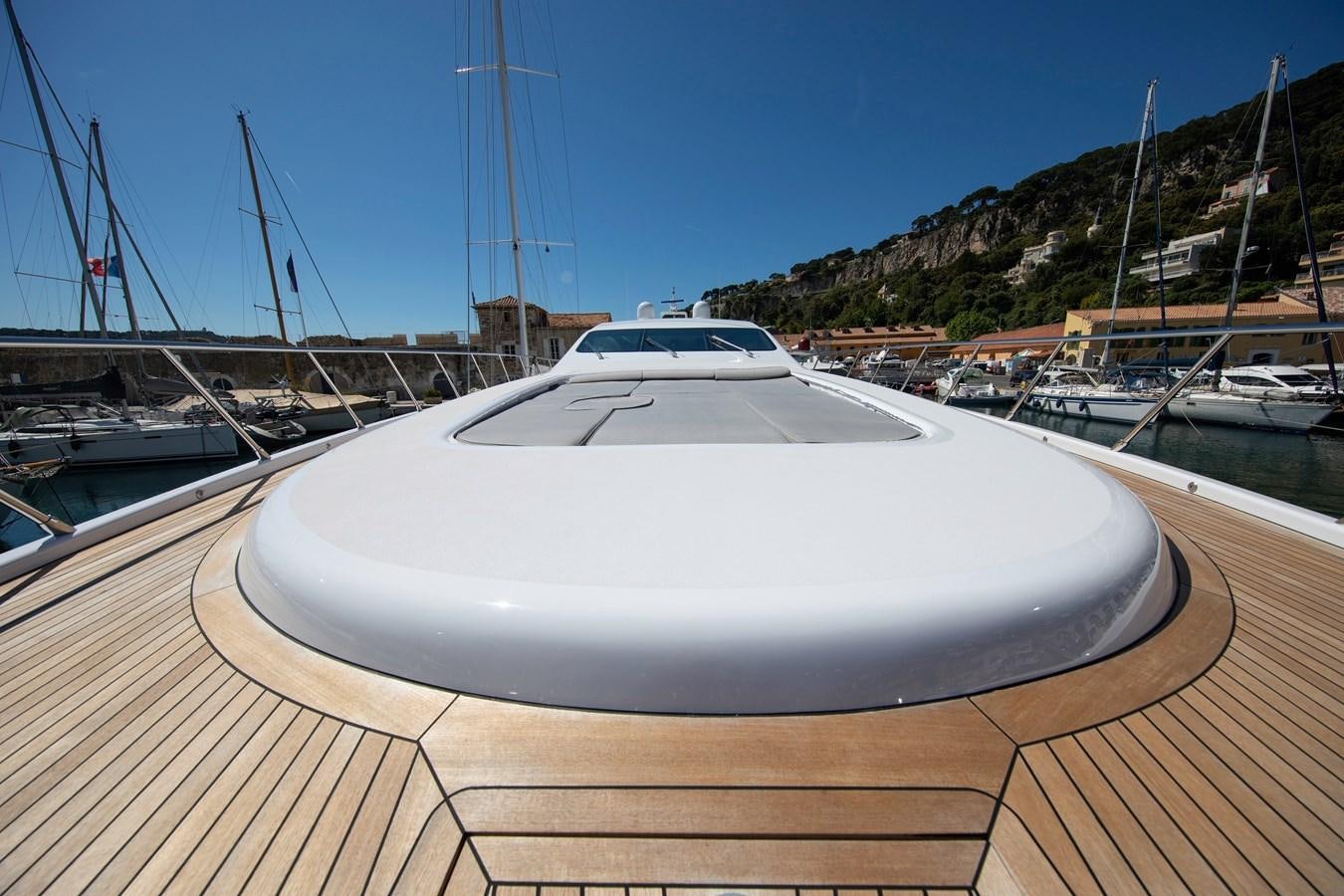 a white boat on a dock aboard BIGCIKI Yacht for Sale