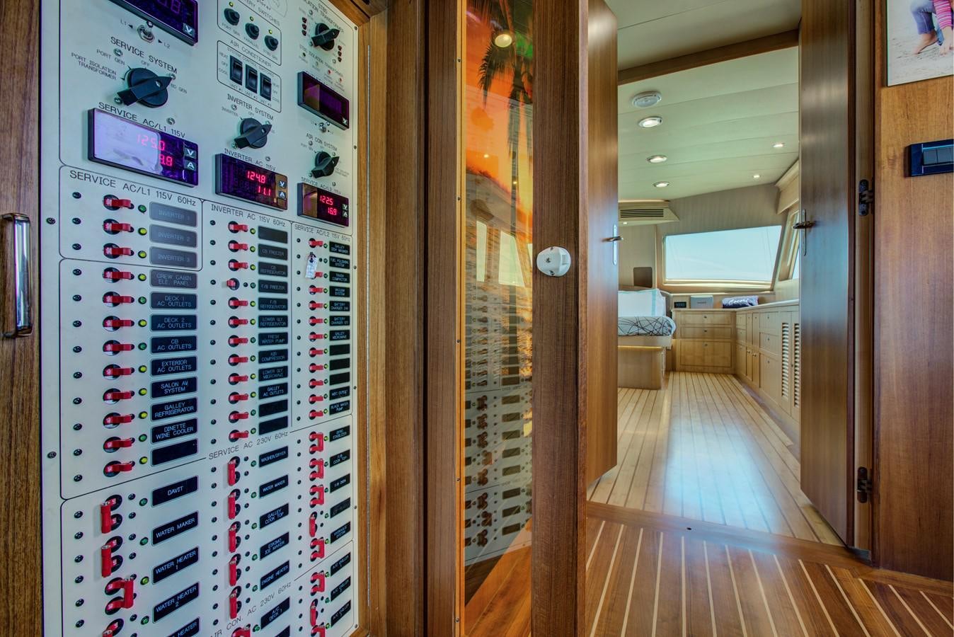 a hallway with a screen aboard EXPLORER 97E-CB Yacht for Sale