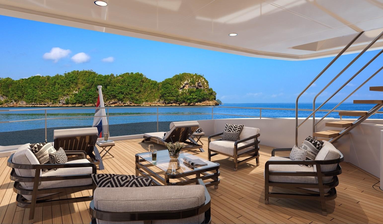 a room with a table chairs and a view of the water aboard MOONEN MARQUIS Yacht for Sale
