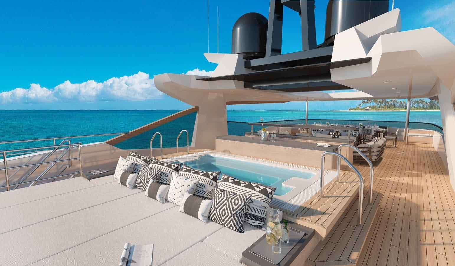 a deck with a large pool and deck chairs on it aboard MOONEN MARQUIS Yacht for Sale