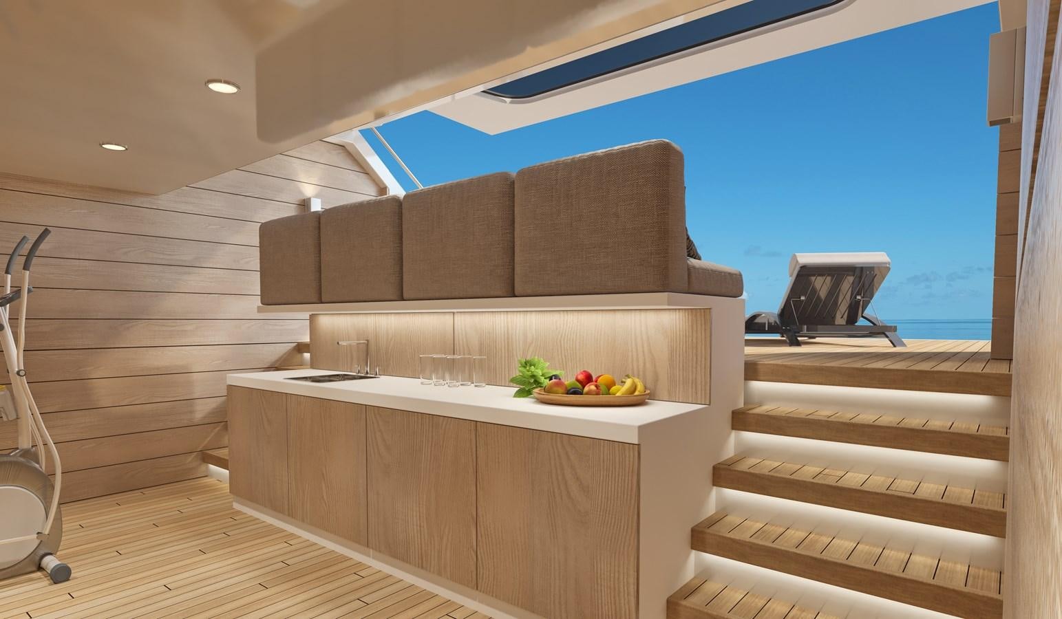 a room with a large sofa and a table with food on it aboard MOONEN MARQUIS Yacht for Sale
