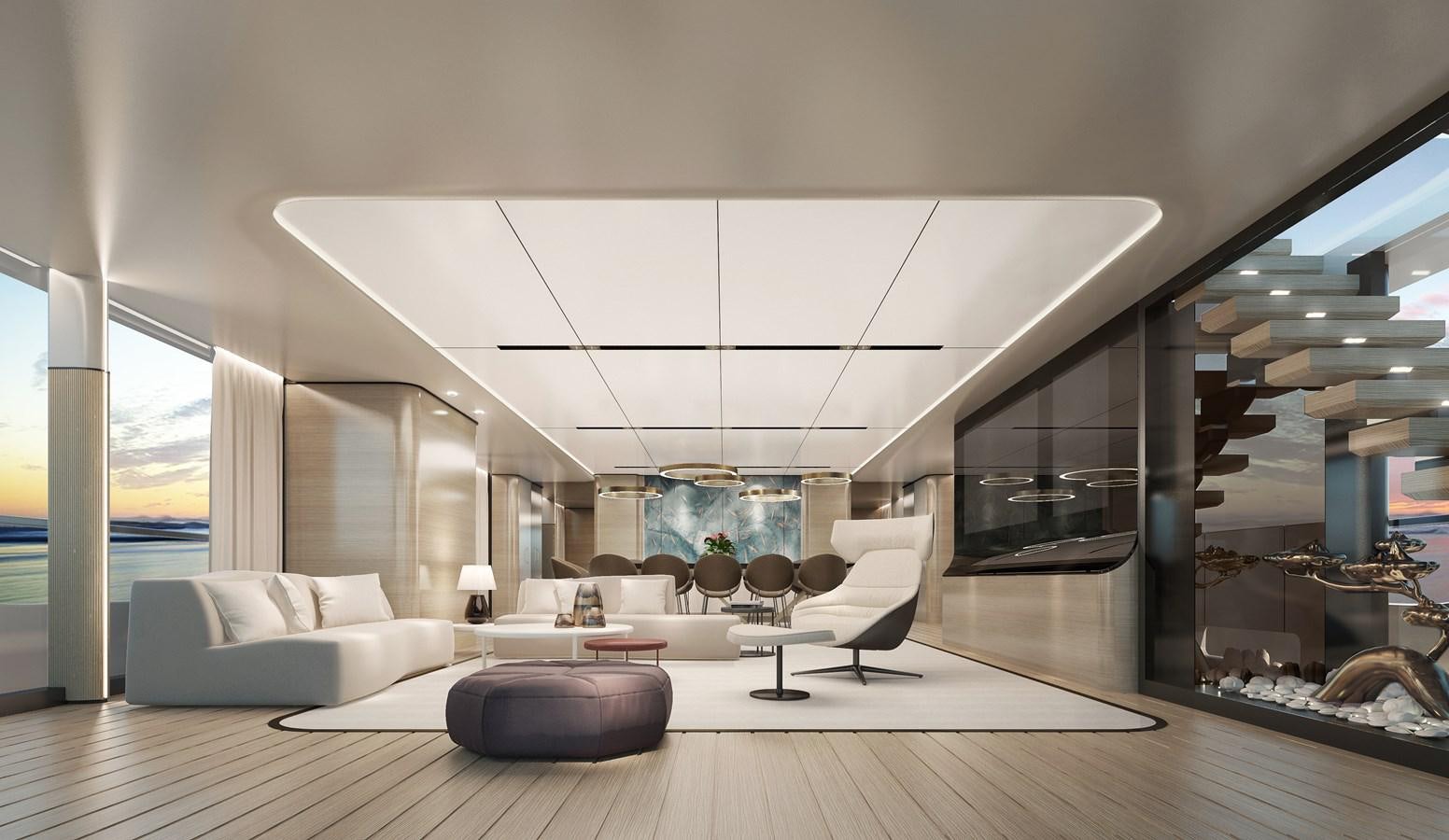 a modern living room with a large window aboard ASTERA Yacht for Sale