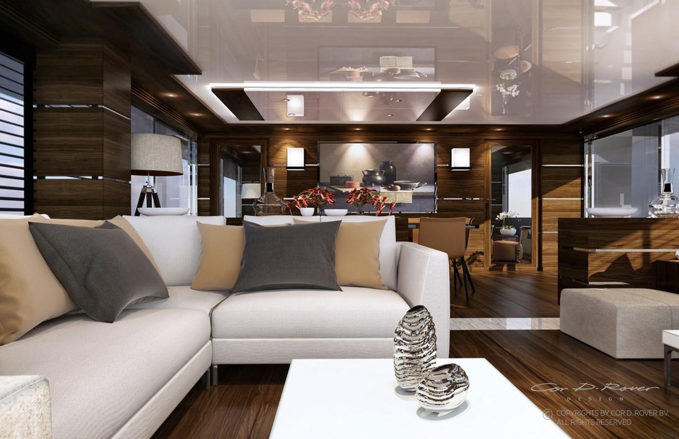 a living room with a white couch and a fireplace aboard HORIZON FD125  Yacht for Sale