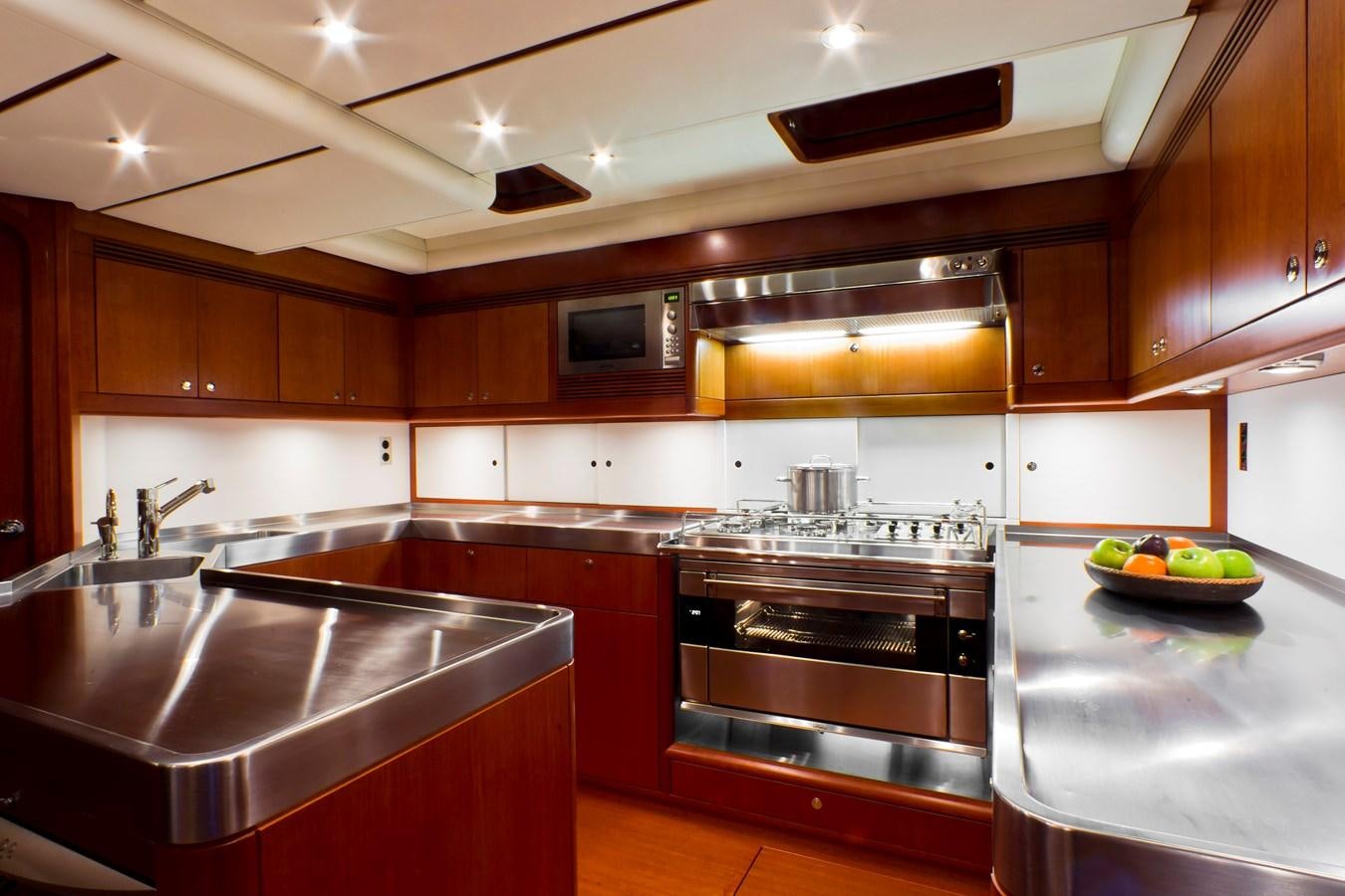 a kitchen with a stainless steel stove aboard SHAGALA BAGALA Yacht for Sale