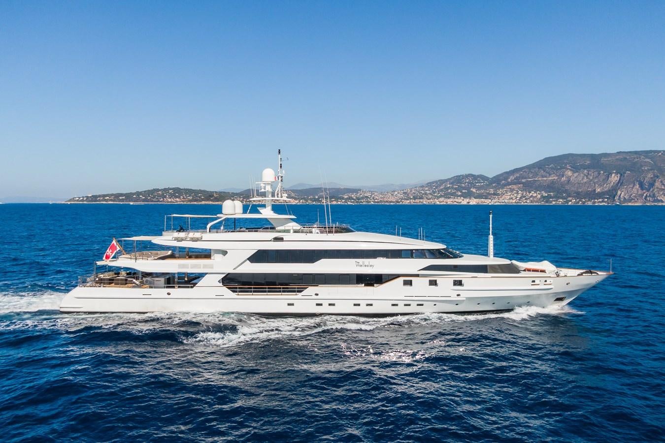a white yacht in the water aboard THE WELLESLEY Yacht for Sale