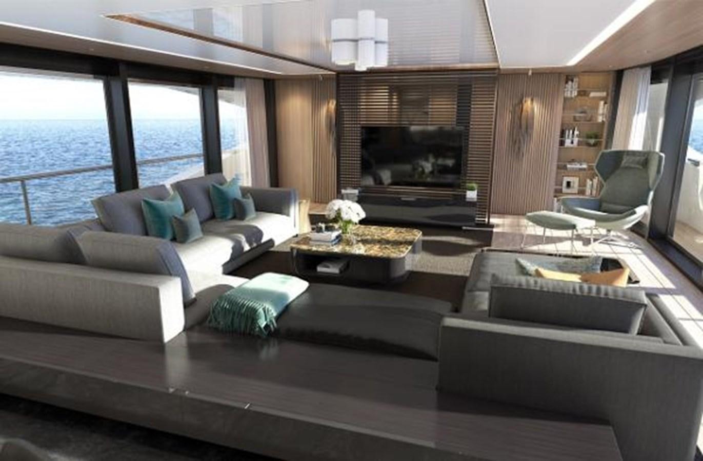 a living room with a fireplace aboard 50 METER OCEAN Yacht for Sale