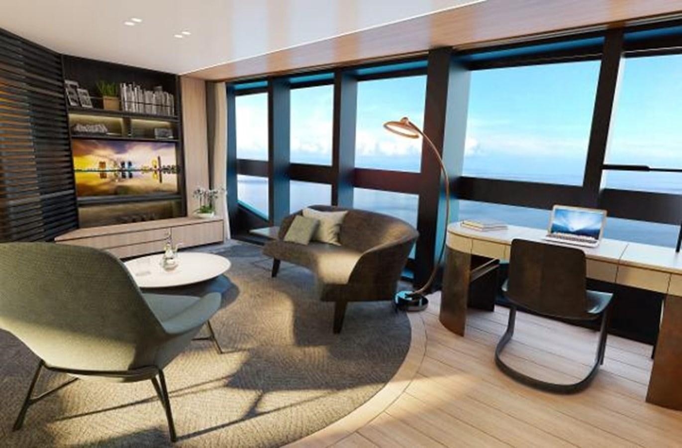 a living room with a large window aboard 50 METER OCEAN Yacht for Sale