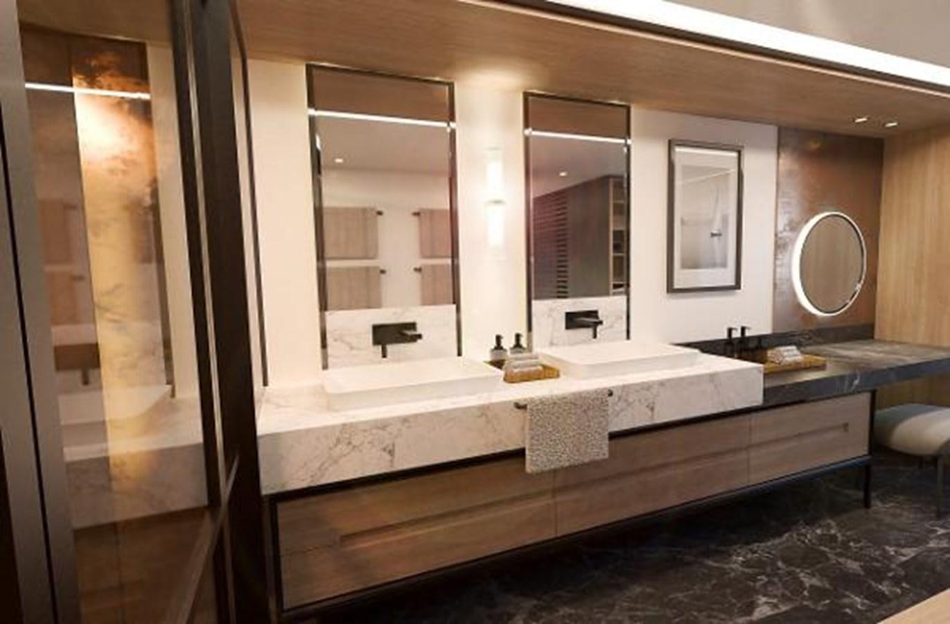a bathroom with a large mirror aboard 50 METER OCEAN Yacht for Sale