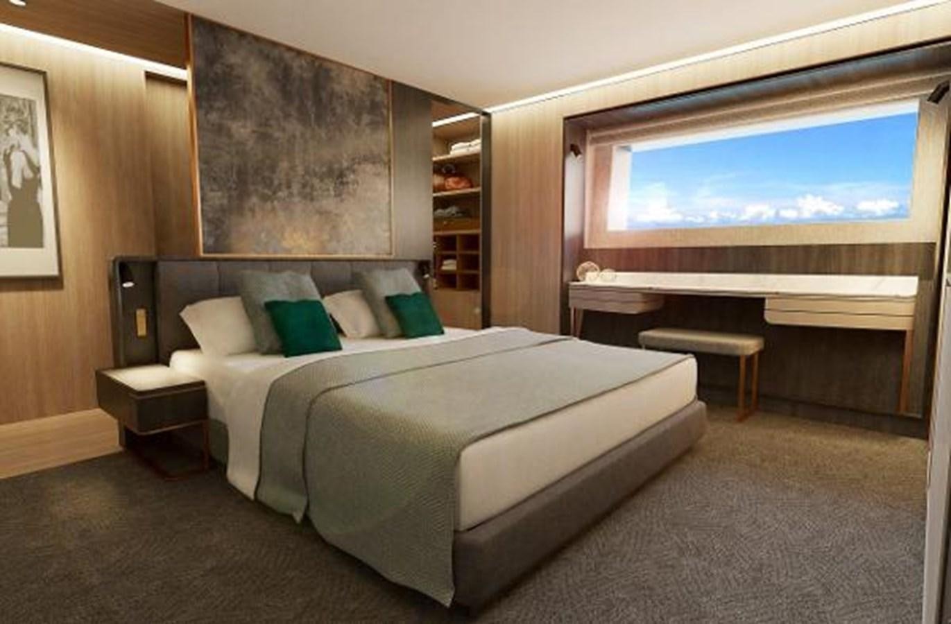 a room with a bed and a large window aboard 50 METER OCEAN Yacht for Sale