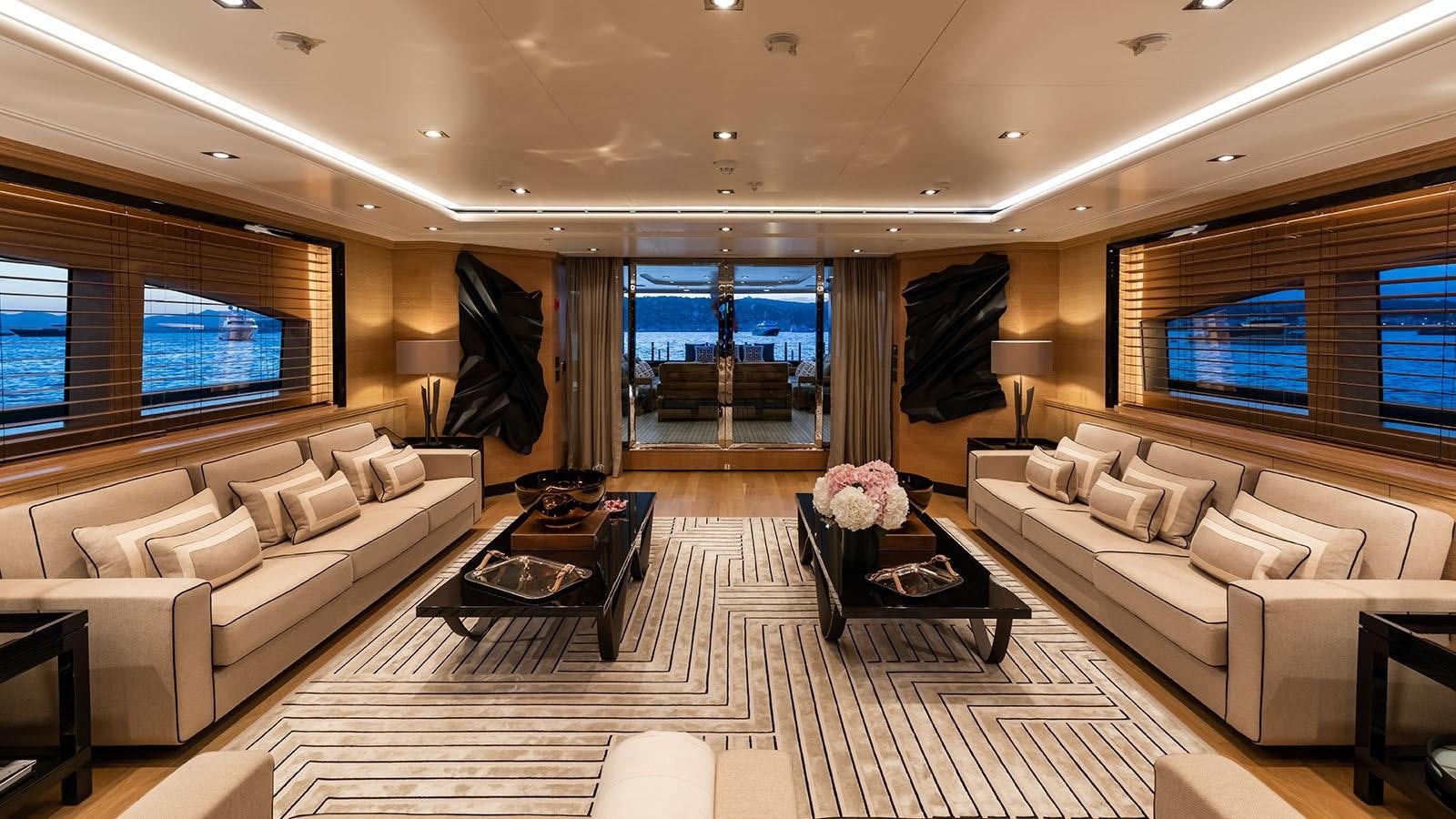 a living room with a large window aboard ALASKA Yacht for Sale
