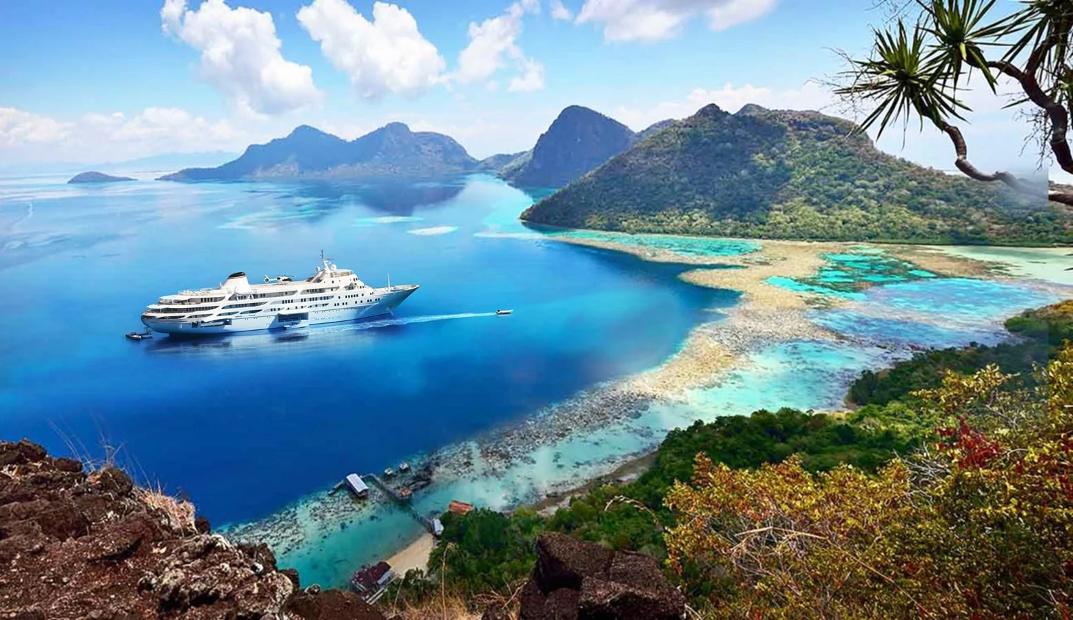 a beach with a cruise ship in the water aboard PROJECT Y910 Yacht for Sale