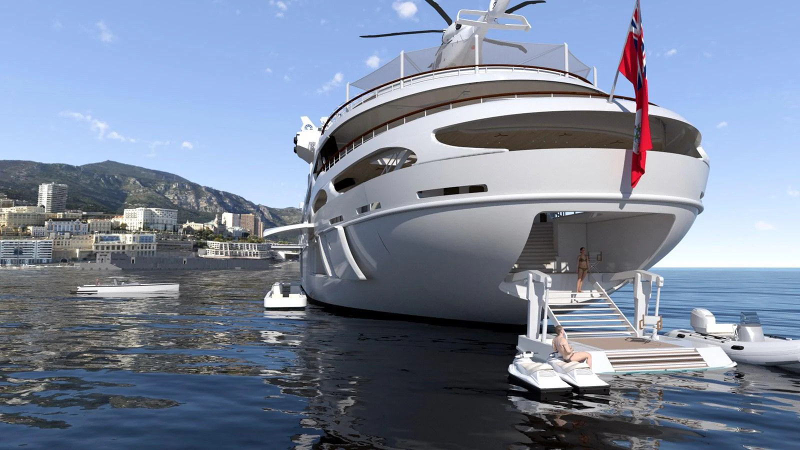 a large white boat in the water aboard PROJECT Y910 Yacht for Sale