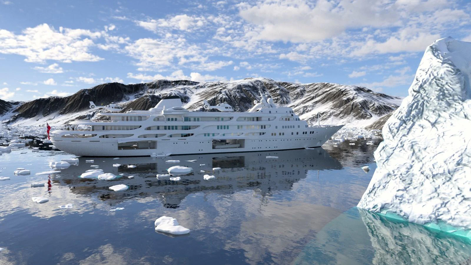 a large building surrounded by snow aboard PROJECT Y910 Yacht for Sale