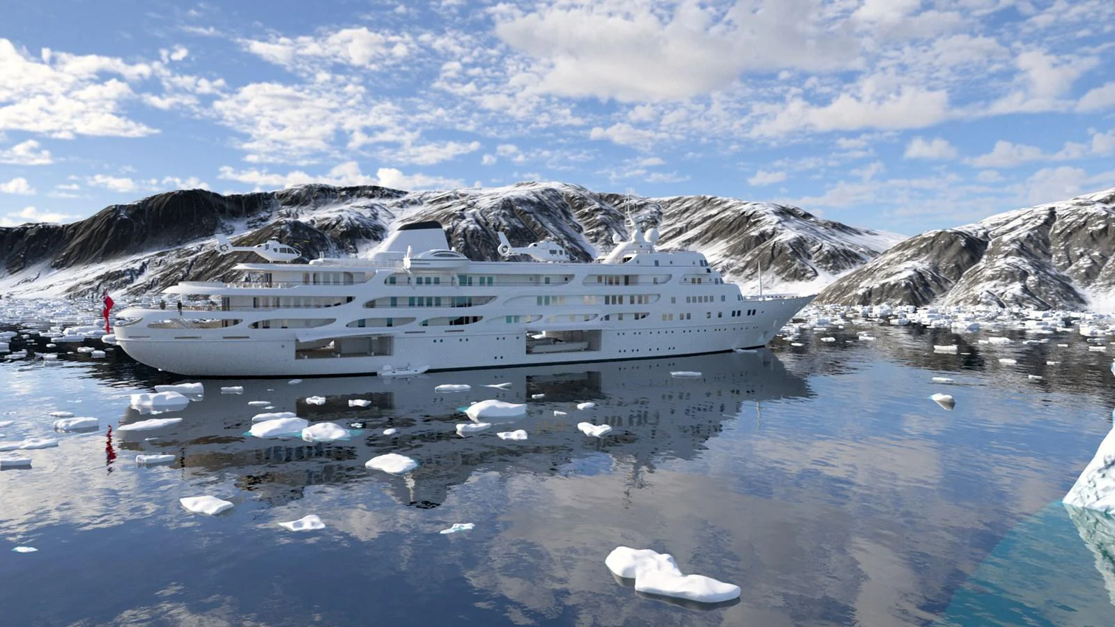 a large cruise ship in a snowy bay aboard PROJECT Y910 Yacht for Sale