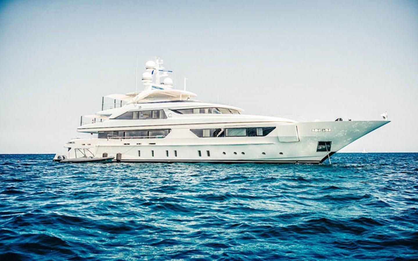 a white yacht in the water aboard SCORPION Yacht for Sale