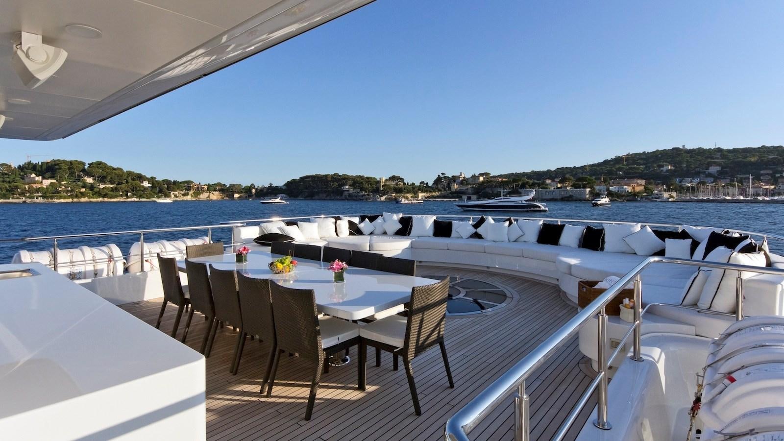 a table and chairs on a deck overlooking a body of water aboard BELLA 2 Yacht for Sale
