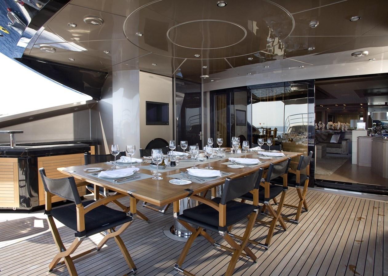 a large dining room with tables and chairs aboard DEFIANT Yacht for Sale