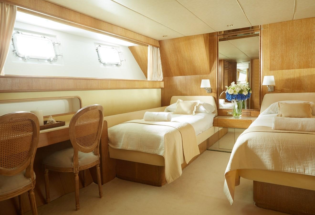 a room with a couple beds aboard SEA LADY II Yacht for Sale