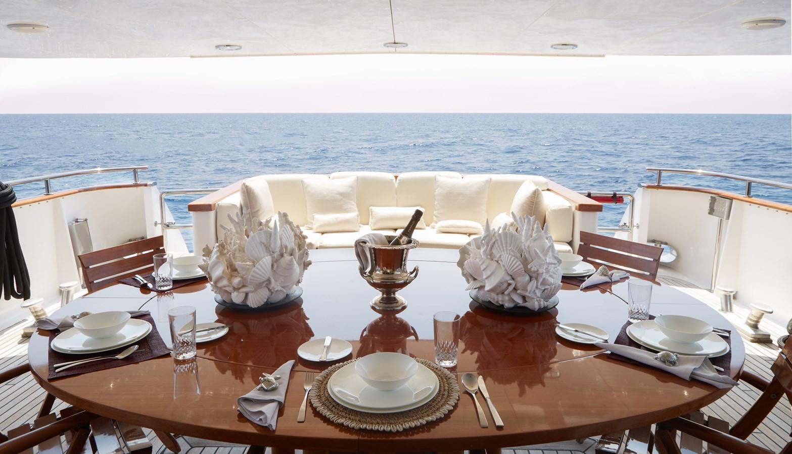 a table with plates and glasses on it aboard SEA LADY II Yacht for Sale
