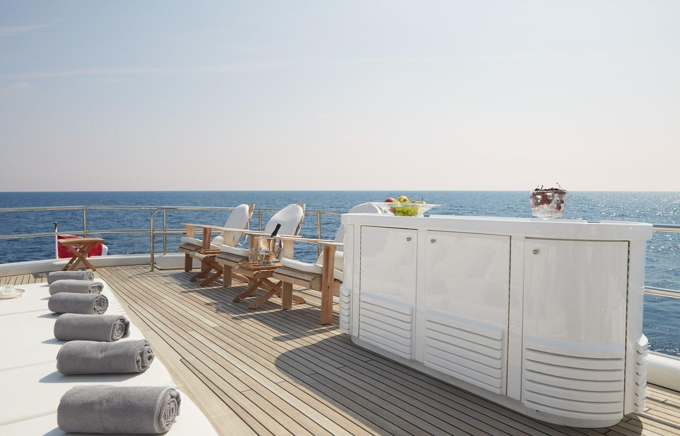 a deck with a view of the ocean and the deck aboard SEA LADY II Yacht for Sale