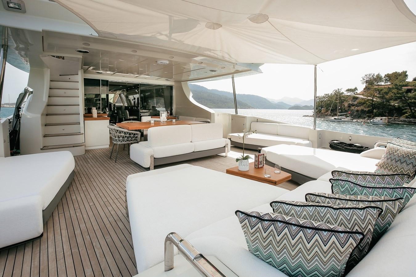 a room with a large white bed and a large pool aboard PATRONESS Yacht for Sale