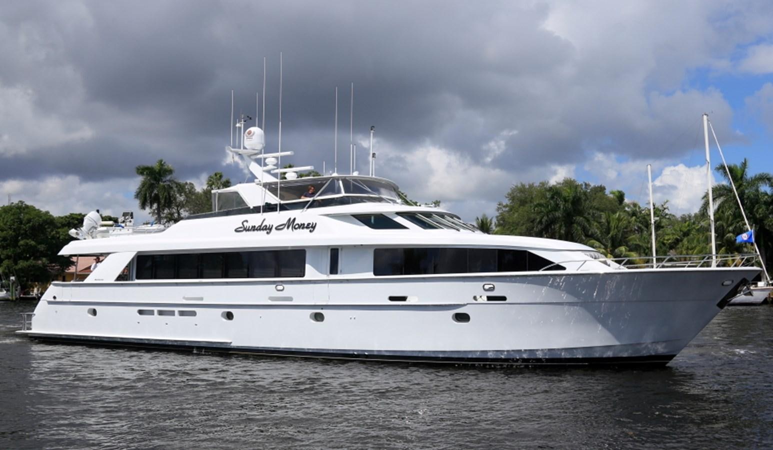 a white yacht on the water aboard SUNDAY MONEY Yacht for Sale