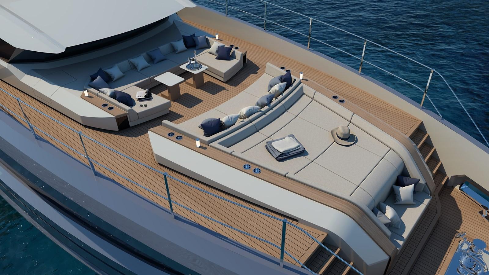 a large ship with a deck and a deck with chairs on it aboard VITTORIA VELOCE 32 RPH #01 Yacht for Sale