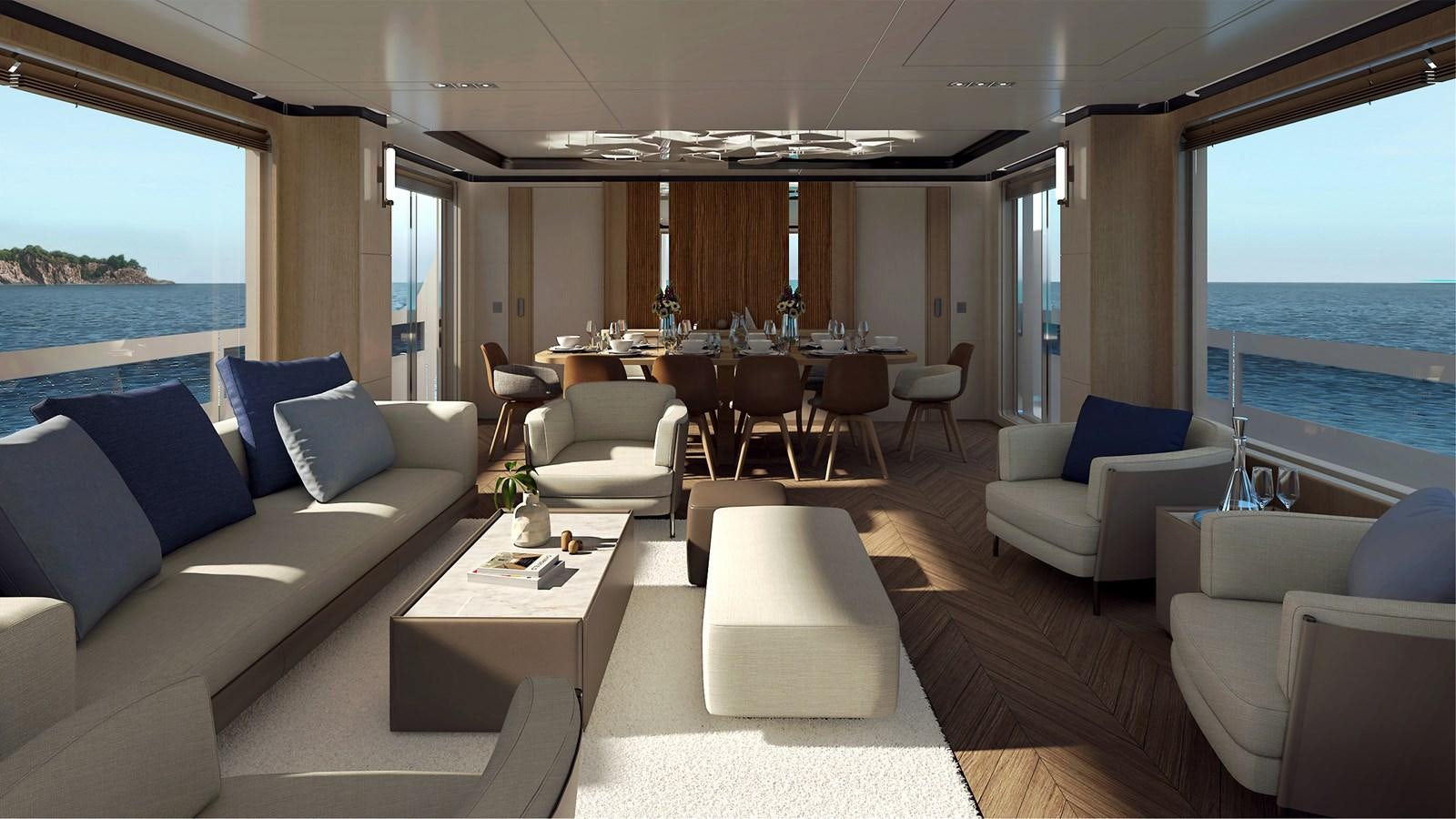 a living room with a large window aboard VITTORIA VELOCE 32 RPH #01 Yacht for Sale