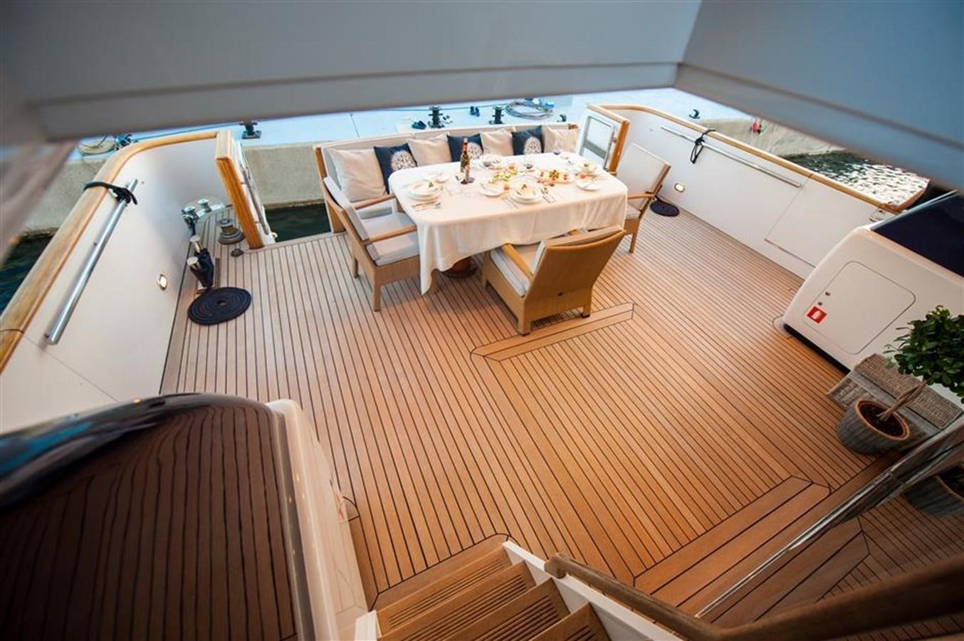 a deck with a table and chairs aboard P Yacht for Sale