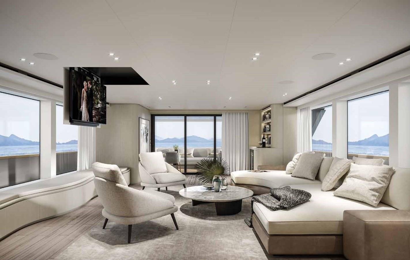 a living room with a large window aboard AM Yacht for Sale