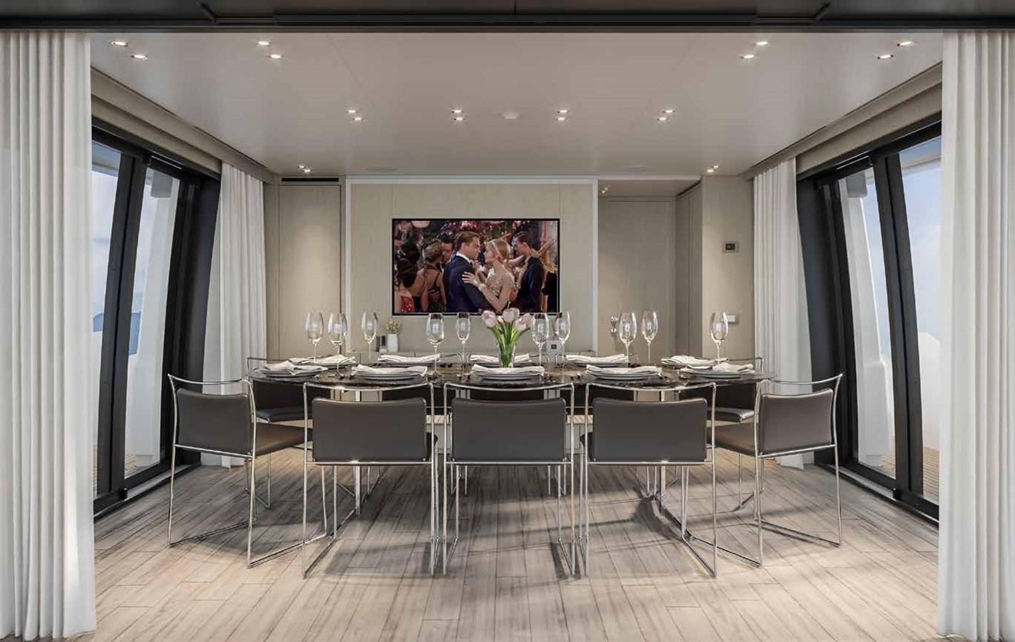 a large dining room with white chairs aboard AM Yacht for Sale