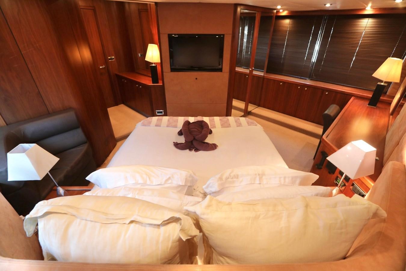 a cat sitting on a bed aboard CAPRICHO II Yacht for Sale