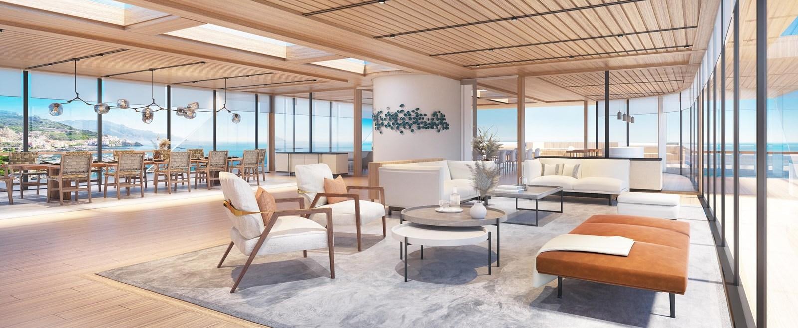 a room with tables and chairs aboard AEGIR 2.0 Yacht for Sale