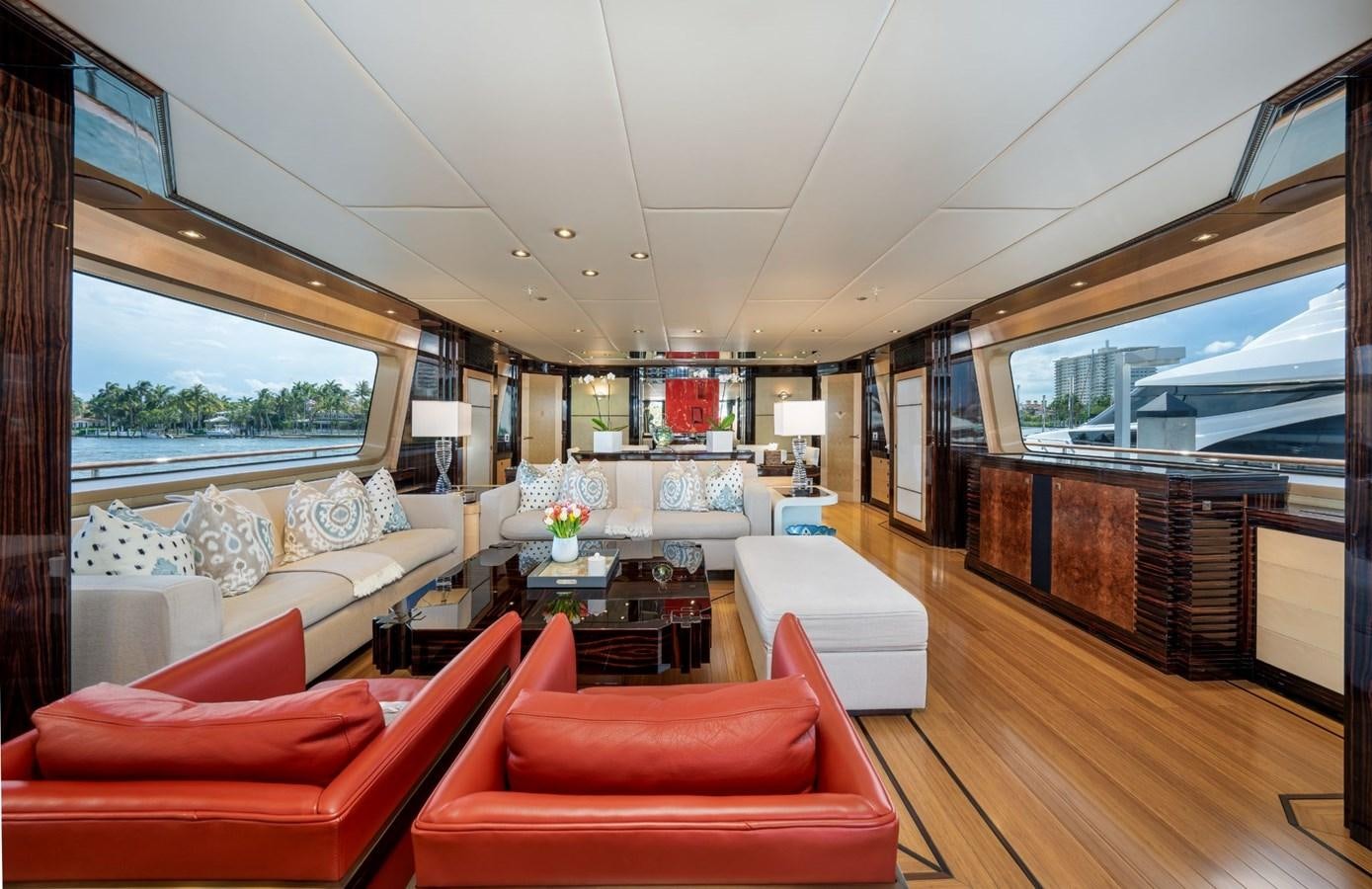 a living room with a wood floor aboard VESPER Yacht for Sale