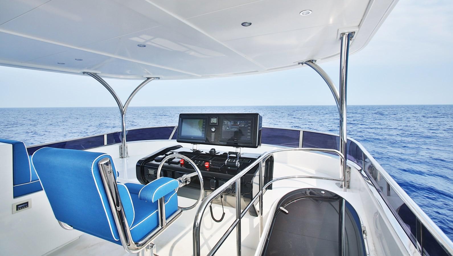 a boat with a screen on the front aboard JOHNSON 80' SKYLOUNGE W/HYDRAULIC PLATFORM Yacht for Sale