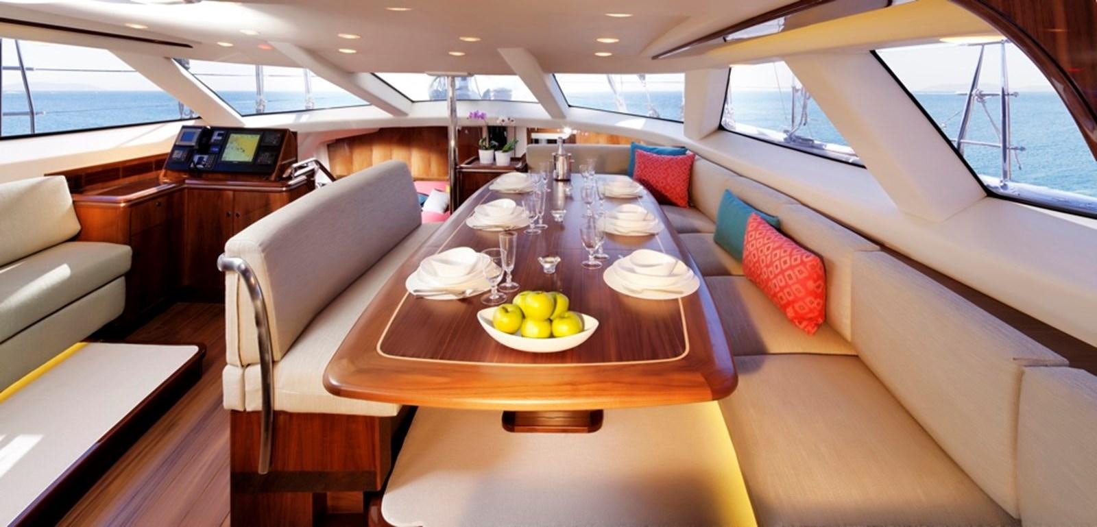 a table with plates and fruit on it aboard SERAFIM Yacht for Sale