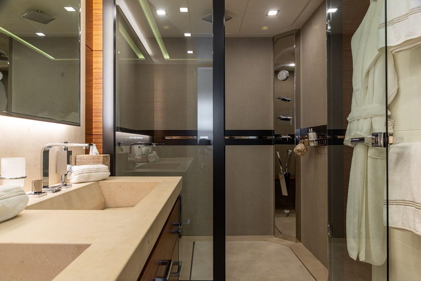 a bathroom with a sink and a shower aboard ASYA Yacht for Sale