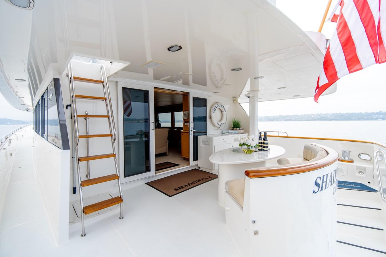 a modern bathroom with a ladder aboard SHADOWFAX Yacht for Sale