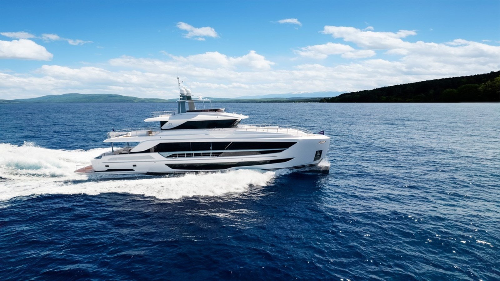 a boat on the water aboard HORIZON FD110 TRI-DECK / DELIVERY EARLY 2024 Yacht for Sale