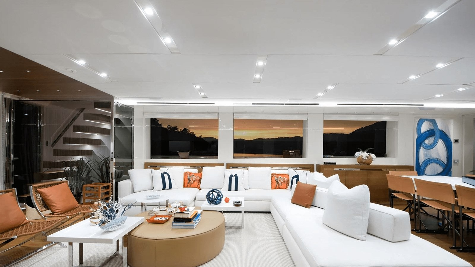 a room with white furniture aboard 2018 SANLORENZO SL118 #614 Yacht for Sale