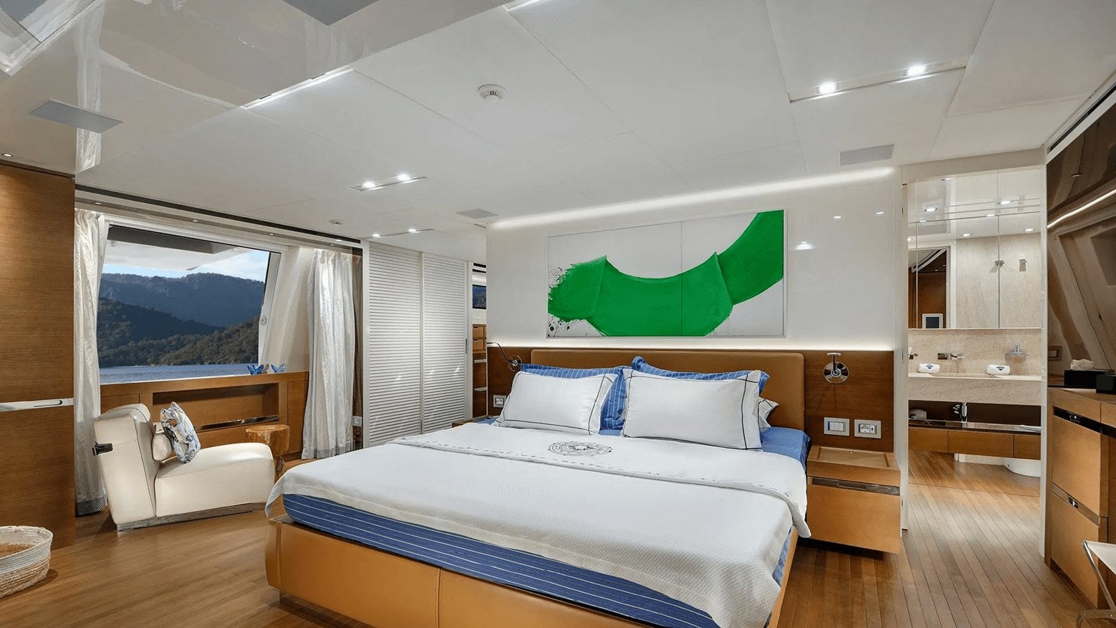 a bedroom with a large bed aboard 2018 SANLORENZO SL118 #614 Yacht for Sale