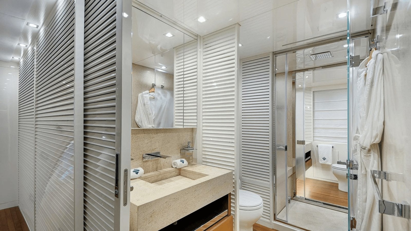 a bathroom with a sink and a shower unit aboard 2018 SANLORENZO SL118 #614 Yacht for Sale