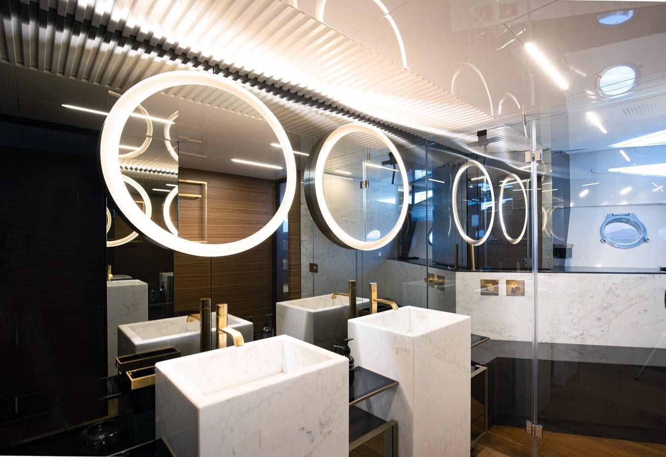 a room with sinks and mirrors aboard L'OPERA Yacht for Sale
