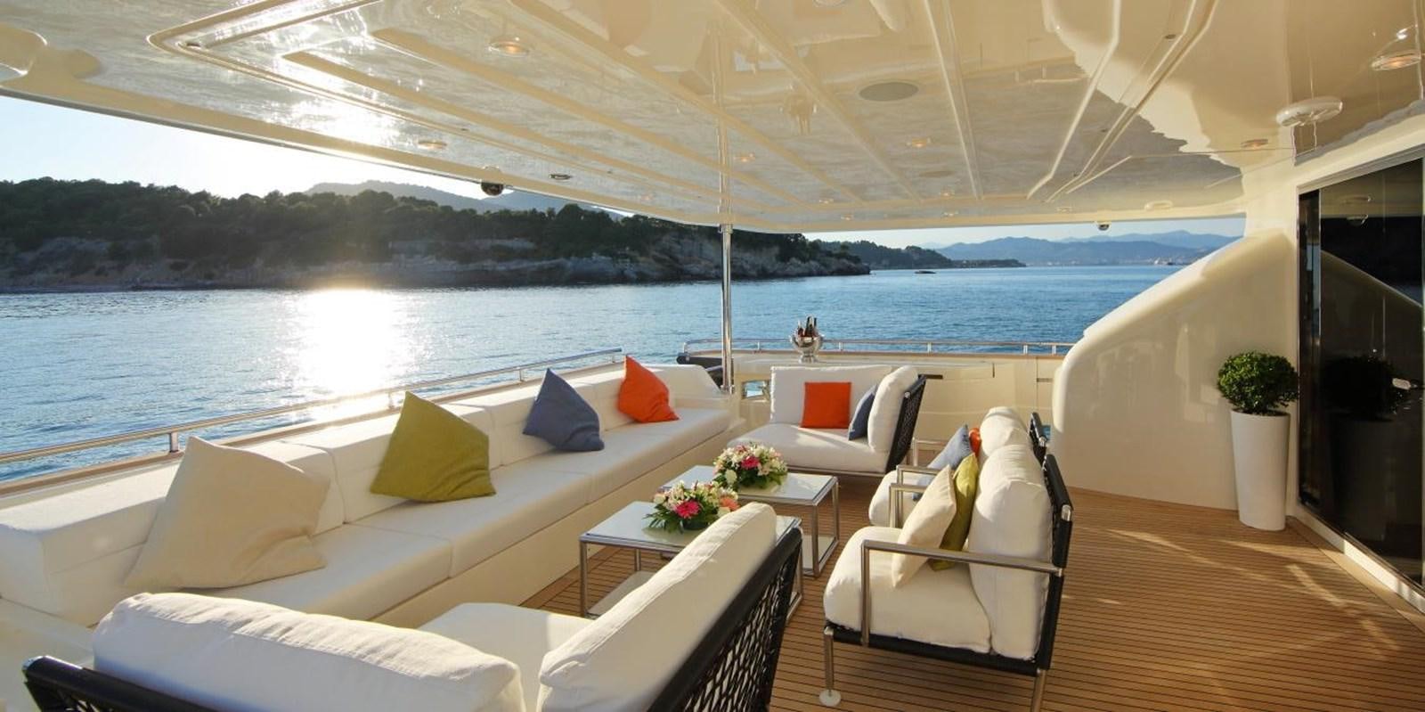 a room with a view of the water and the land aboard VELA Yacht for Sale