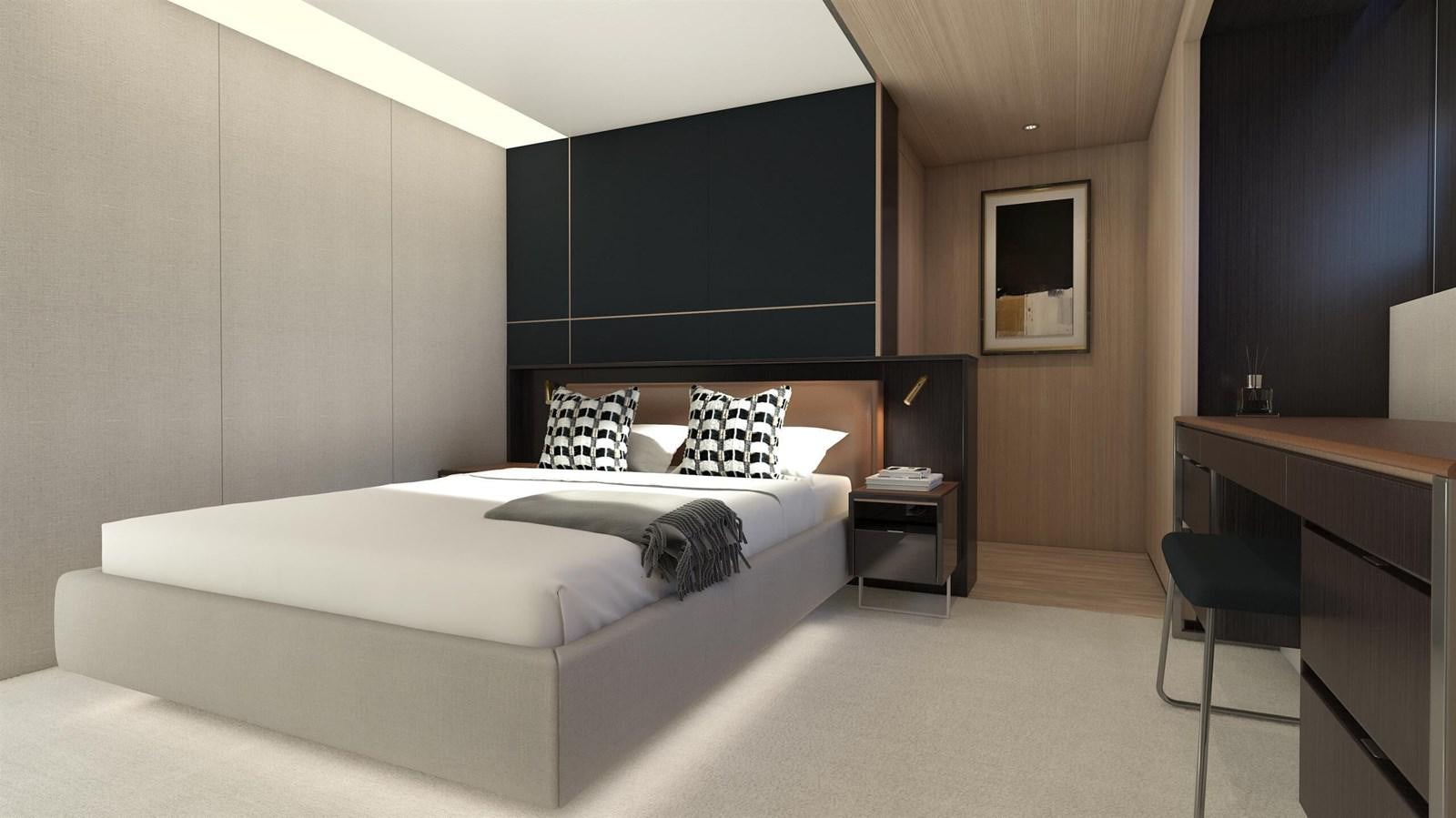 a bedroom with a bed and desk aboard OCEAN 460 Yacht for Sale