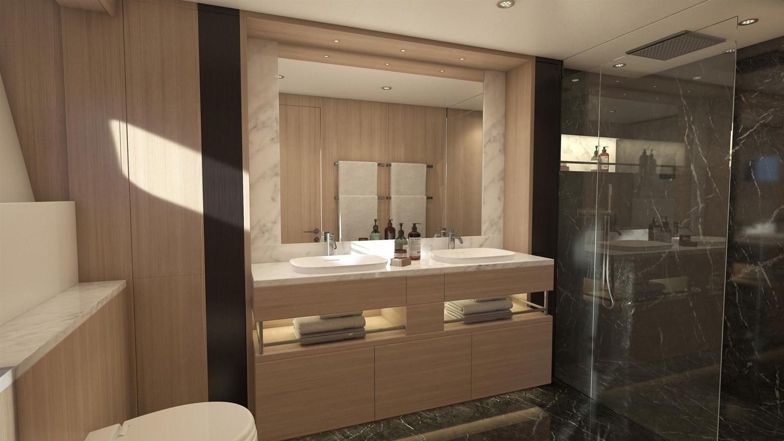 a bathroom with a large mirror aboard OCEAN 460 Yacht for Sale