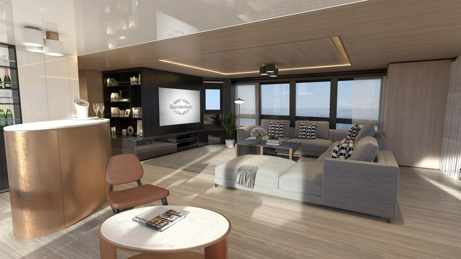a living room with a large screen aboard OCEAN 460 Yacht for Sale