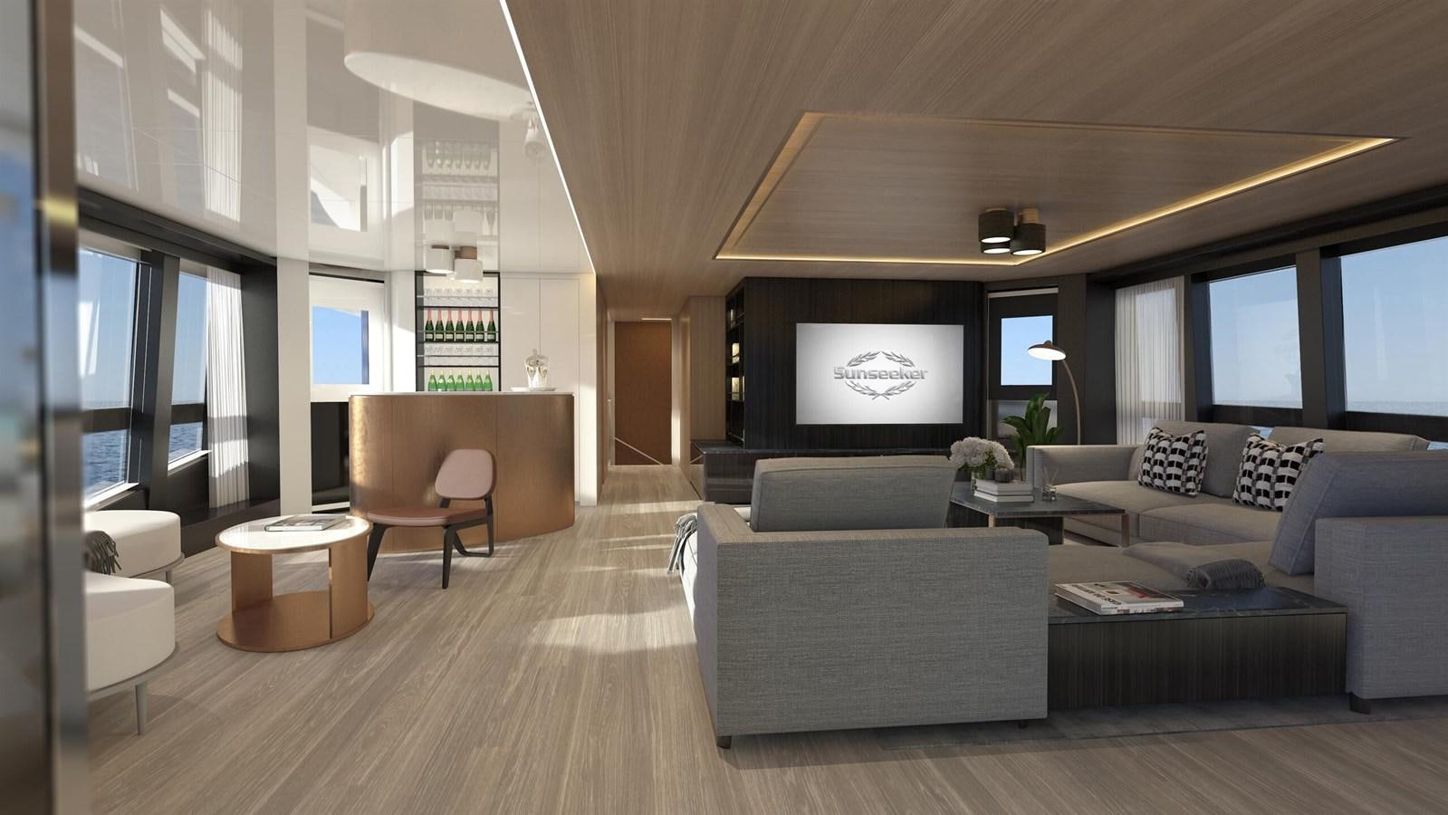 a living room with a large screen aboard OCEAN 460 Yacht for Sale